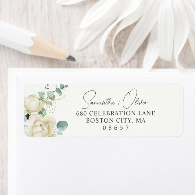 Elegant Magnolia Eucalyptus Script Return Address Label (Insitu)