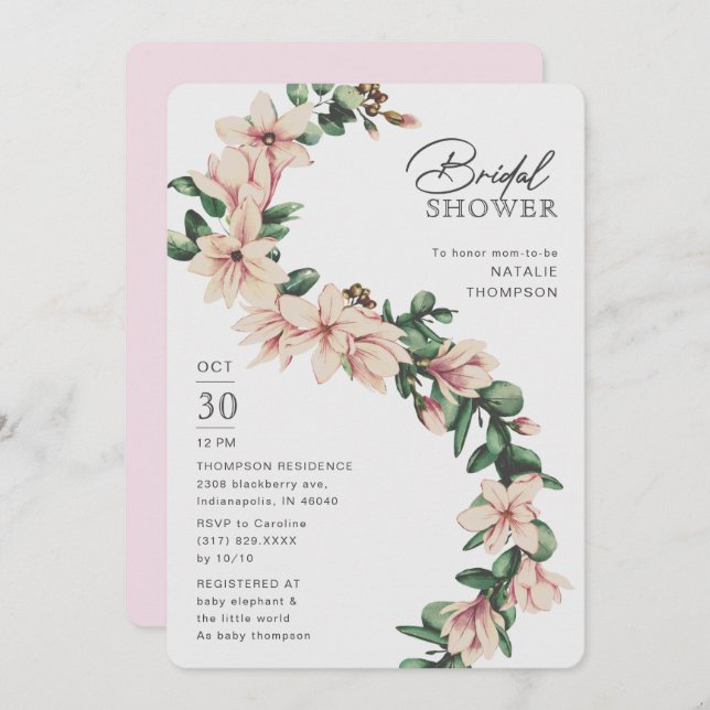 Elegant Magnolia Floral Blush Purple Bridal Shower Invitation (Front/Back)