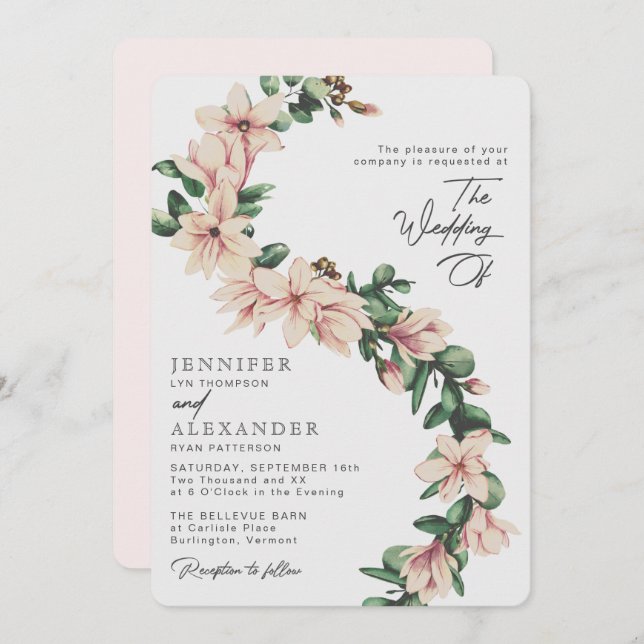 Elegant Magnolia Floral Eucalyptus Blush Wedding Invitation (Front/Back)