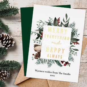 Elegant Magnolia Floral Greenery Modern Script  Foil Holiday Card
