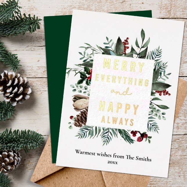 Elegant Magnolia Floral Greenery Modern Script  Foil Holiday Card (Creator Uploaded)
