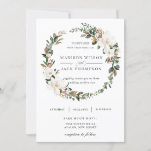 Elegant Magnolia Floral Greenery Wreath Wedding Invitation