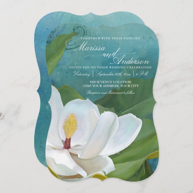 Elegant Magnolia Floral Modern Rustic Typography Invitation (Front/Back)