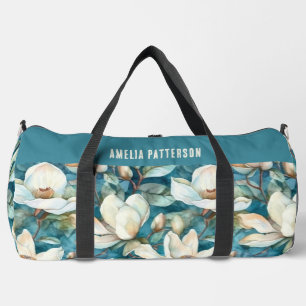 Elegant Magnolia Floral Pattern Personalised Name Duffle Bag
