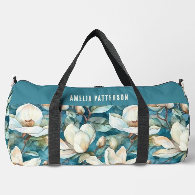 Elegant Magnolia Floral Pattern Personalised Name Duffle Bag (Front)