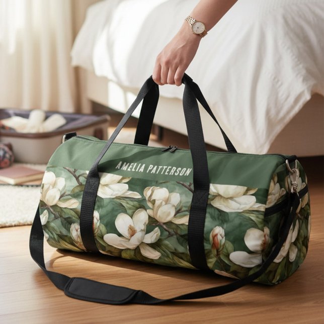 Elegant Magnolia Floral Pattern Personalised Name Duffle Bag (Creator Uploaded)