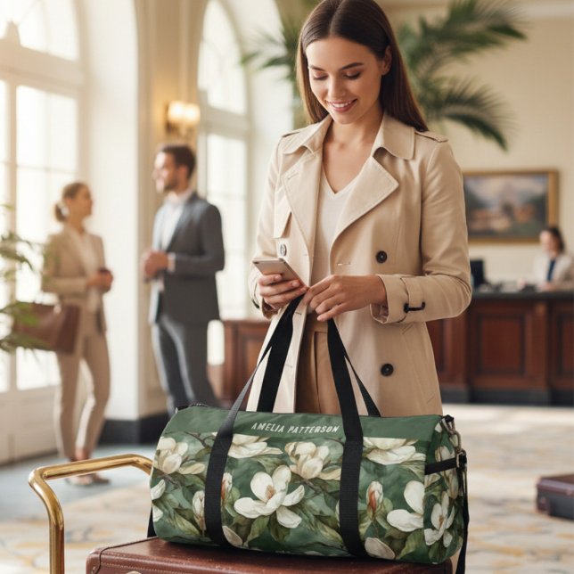 Elegant Magnolia Floral Pattern Personalised Name Duffle Bag (Creator Uploaded)