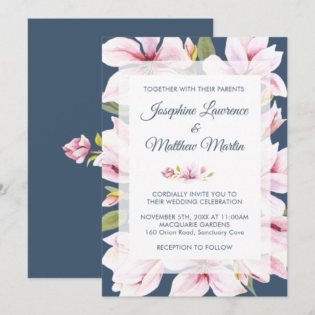 Elegant Magnolia Floral Wedding Invitations (Front/Back)