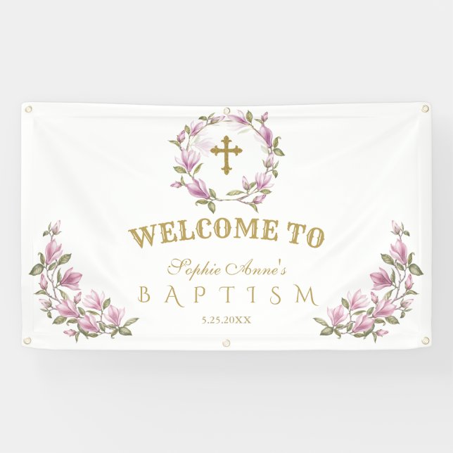 Elegant Magnolia Flowers Baptism Welcome Sign (Horizontal)
