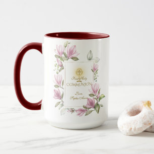Elegant Magnolia Flowers Gold First Holy Communion Mug