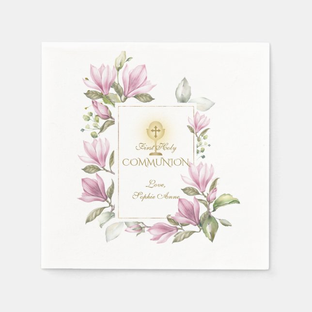 Elegant Magnolia Flowers Gold First Holy Communion Napkin (Front)