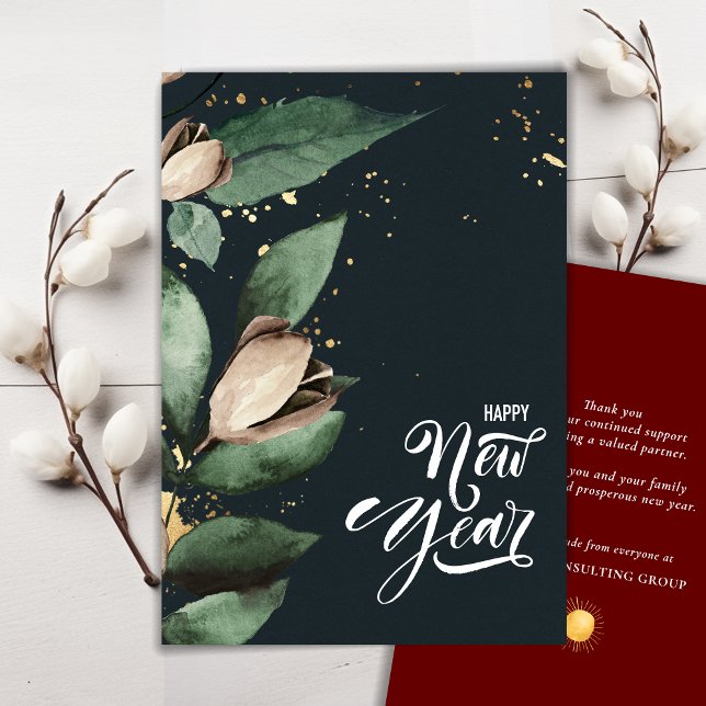 Elegant Magnolia Gold Confetti Foliage Corporate Holiday Card (Creator Uploaded)