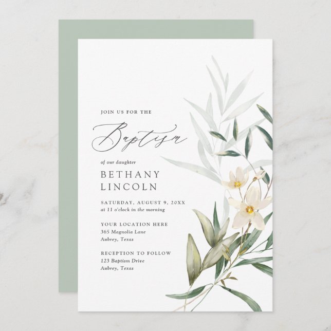 Elegant Magnolia Greenery Baptism Invitation (Front/Back)