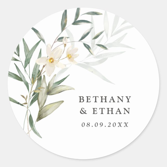 Elegant Magnolia Greenery Wedding Classic Round Sticker (Front)
