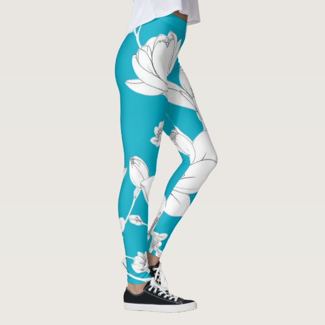 Elegant Magnolia Line Art – Minimalist Floral  Leggings (Right)