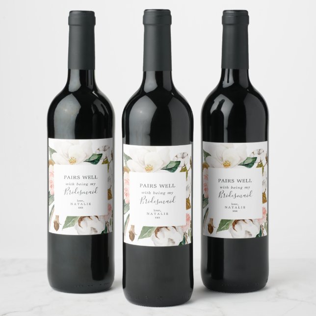 Elegant Magnolia | Pairs Well Bridesmaid Proposal Wine Label (Bottles)