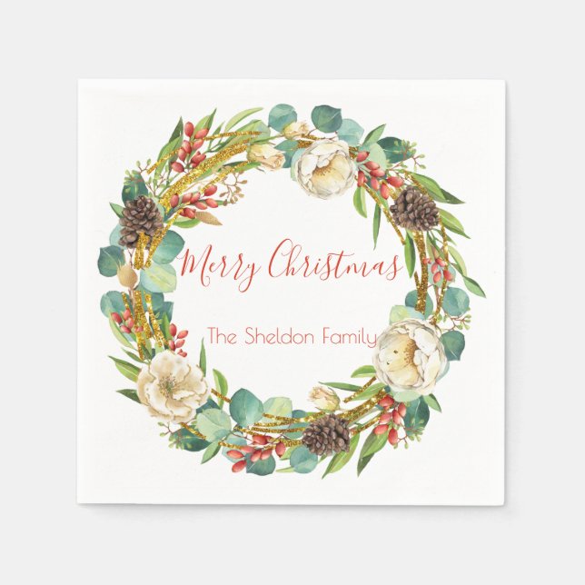 Elegant Magnolia, Pine and Berries Holiday Wreath Napkin (Front)