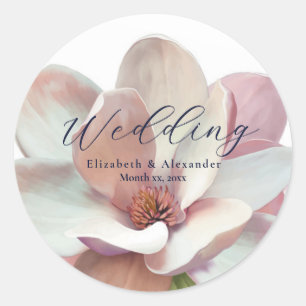 Elegant Magnolia Pink and White Wedding Classic Round Sticker