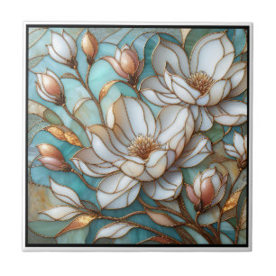 Elegant Magnolia Stained Glass Floral Mosaic Art Ceramic Tile