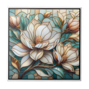Elegant Magnolia Stained Glass Floral Mosaic Art Ceramic Tile