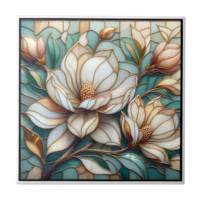 Elegant Magnolia Stained Glass Floral Mosaic Art Ceramic Tile (Front)