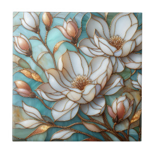 Elegant Magnolia Stained Glass Floral Mosaic Art Ceramic Tile