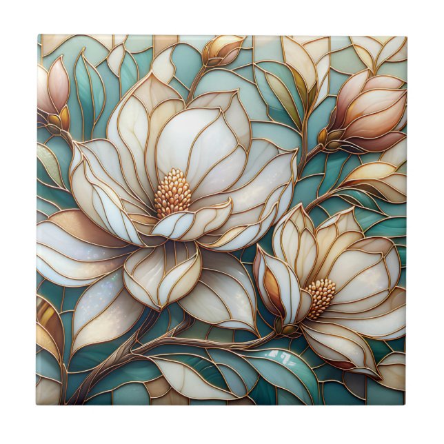 Elegant Magnolia Stained Glass Floral Mosaic Art Ceramic Tile (Front)