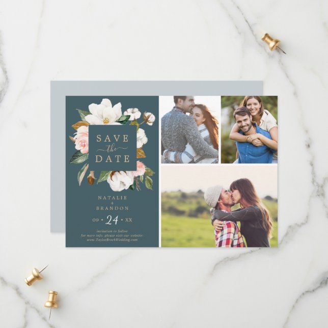 Elegant Magnolia | Teal 3 Photo Collage Save The Date (Front/Back In Situ)