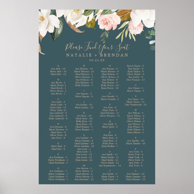 Elegant Magnolia Teal Alphabetical Seating Chart (Front)