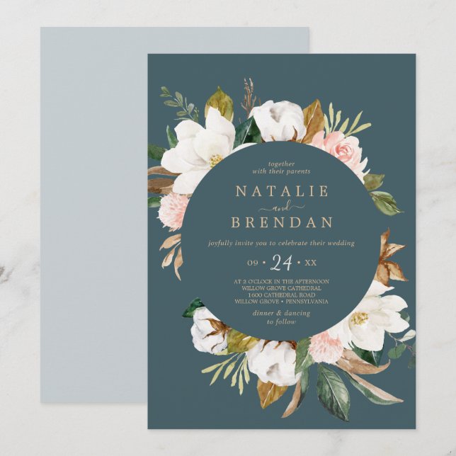 Elegant Magnolia | Teal and White Casual Wedding Invitation (Front/Back)