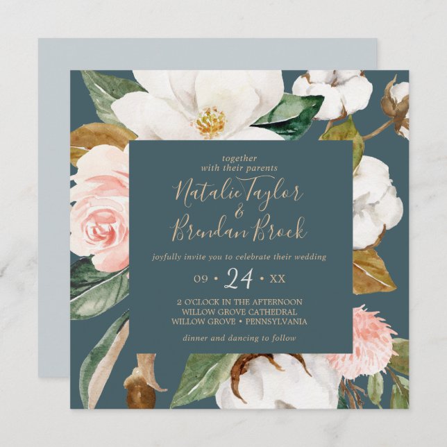 Elegant Magnolia | Teal and White Square Wedding Invitation (Front/Back)