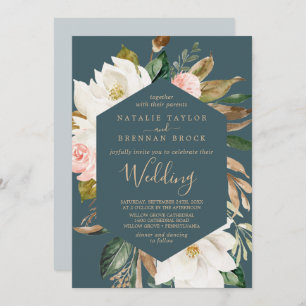 Elegant Magnolia   Teal and White Wedding Invitation