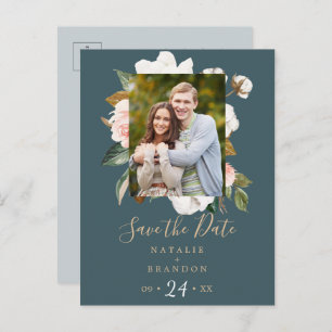 Elegant Magnolia   Teal Photo Save the Date Invitation Postcard