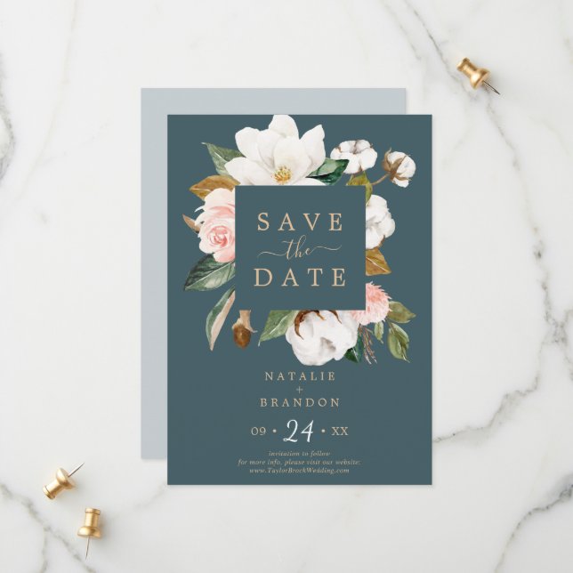 Elegant Magnolia | Teal Save the Date Card (Front/Back In Situ)