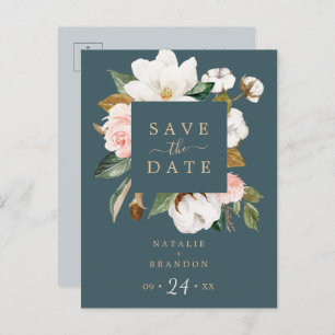 Elegant Magnolia   Teal Save the Date Postcard