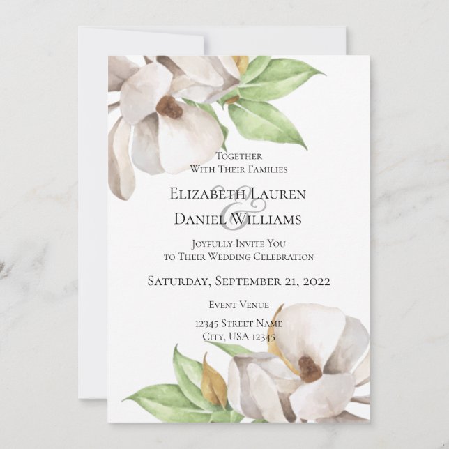Elegant Magnolia Watercolor Invitation (Back)