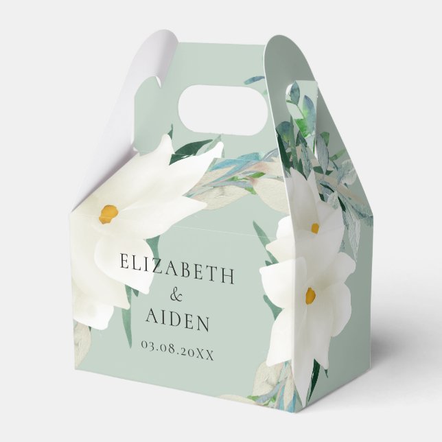 Elegant Magnolia Wedding Sage Green Favour Box (Front Side)