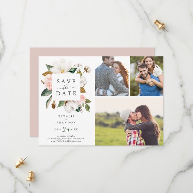 Elegant Magnolia | White 3 Photo Collage Save The Date (Front/Back In Situ)