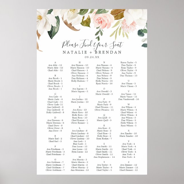 Elegant Magnolia White Alphabetical Seating Chart (Front)