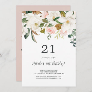 Elegant Magnolia White and Blush 21st Birthday Invitation