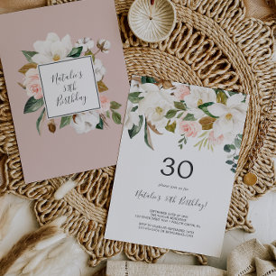 Elegant Magnolia   White and Blush 30th Birthday Invitation