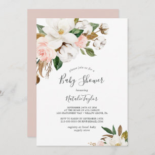 Elegant Magnolia White and Blush Baby Shower Invitation