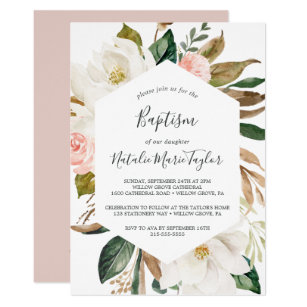 Elegant Magnolia | White and Blush Baptism Invitation
