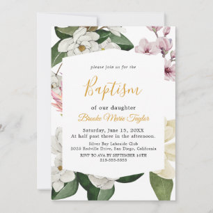 Elegant Magnolia   White and Blush Baptism  Invitation
