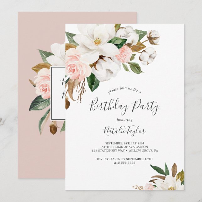 Elegant Magnolia | White and Blush Birthday Party Invitation (Front/Back)