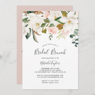 Elegant Magnolia White and Blush Bridal Brunch Invitation