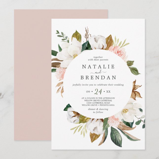 Elegant Magnolia | White and Blush Casual Wedding Invitation (Front/Back)