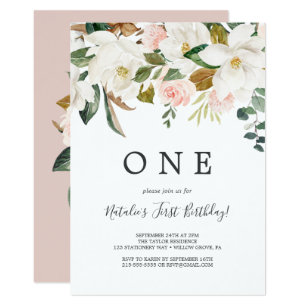 Elegant Magnolia | White and Blush First Birthday Invitation