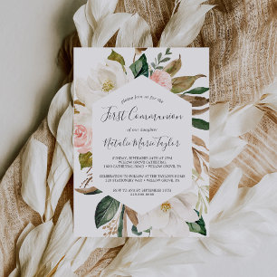 Elegant Magnolia   White and Blush First Communion Invitation