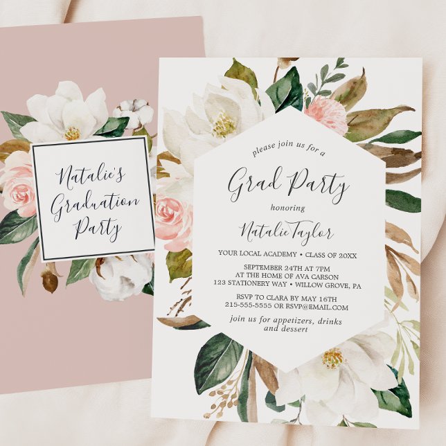 Elegant Magnolia White and Blush Graduation Party Invitation (Creator Uploaded)